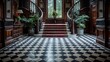 © logonv - An opulent wooden staircase in a richly paneled Victorian foyer with a classic black and white floor, exuding luxury and grandeur, perfect for architectural features or interior design articles