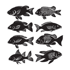 Wall Mural - Set of Tilapia Fish black Silhouette