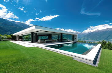 Beautiful modern house with a large lawn and view of the mountains and blue sky, minimalism, large windows overlooking nature, green grass, swimming pool