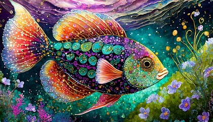 Wall Mural - Cartoon fishes swims underwater. Art card