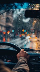 Poster - A person driving a car in the rain