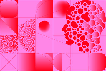 Aufkleber - Brutalist collage with geometric elements and illustration of human head in bold bright pink and red colors.