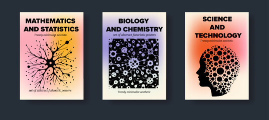 Poster - Set of science-themed posters with abstract compositions of geometric figures and simple stylized illustrations of the human head and nerve cells.