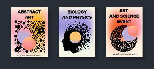 Poster - Set of science-themed posters with abstract compositions of geometric figures and simple stylized illustrations of the human head and nerve cells.