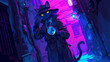 A cat-detective in a fedora and trench coat standing in a dark alley, holding a magnifying glass