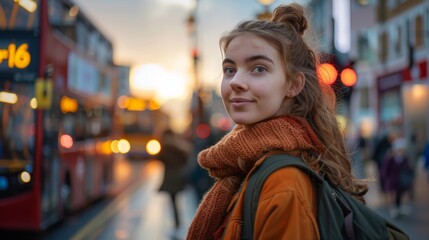 Wall Mural - A woman in a scarf and orange sweater standing on the street, AI