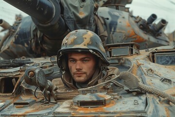 close-up of a young soldier wearing a helmet inside a military tank with a focused expression