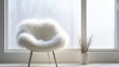 Fluffy fur sheepskin chair on shaggy rug near window. Minimalist home interior design of modern living room Generative AI