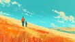 Orange and green tranquil rural grassy road character scene illustration poster background