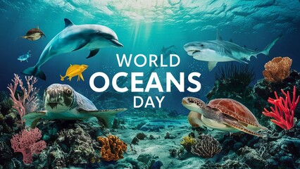 Wall Mural - June 8, World oceans day, with underwater ocean, dolphin, shark, coral, sea plants, stingray and turtle