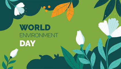 Wall Mural - World environment day banner with leaf plant on green background vector design	
