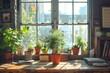 Cozy home interior with plants and sunlight