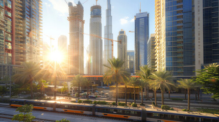 A train is traveling down a track in front of a city skyline. The sun is shining brightly, casting a warm glow over the scene. The city is bustling with activity, and the train is a symbol of progress