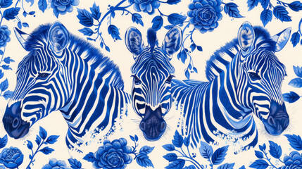 Three zebras are painted on a blue and white background. The zebras are positioned in a way that they appear to be looking at the viewer. The blue and white color scheme creates a sense of calm