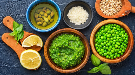 Wall Mural - A variety of food items are displayed in wooden bowls, including peas, peas, and a green sauce. The bowls are arranged on a countertop, with a wooden spoon nearby. Concept of abundance and variety