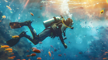 A man is scuba diving in the ocean. The water is clear and the sun is shining brightly