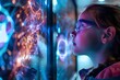 A young girl is looking at a computer screen with a bright, colorful display. Concept of wonder and excitement as the girl gazes at the screen, possibly exploring a new game or learning something new