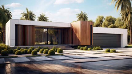 Modern ranch style minimalist cubic house with garage and landscaping design front yard. Residential architecture exterior with wooden cladding and white walls. Generative AI