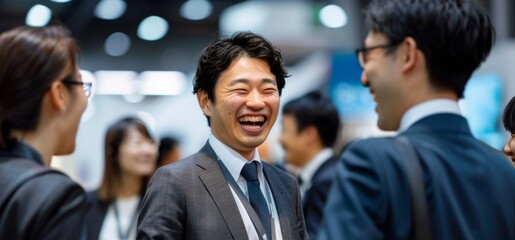 scene of friends in Asian business casual attire enjoying each other's company at an exhibition booth, their laughter echoing the bonds of friendship.