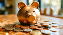 Piggy Bank Sitting On Top Of Coins.