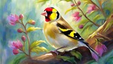 Fototapeta Tulipany - goldfinch bird on a tree, oil painting