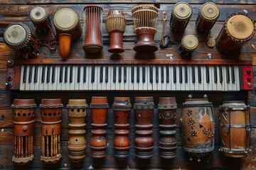 An overhead image displaying a diverse collection of ethnic drums paired with a modern keyboard, symbolizing a fusion of traditional and contemporary music