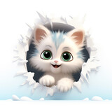 Fototapeta Lawenda - little cute happy kitten, peeking from a frozen snow hole of a wall сreated with Generative Ai