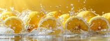 Lemons Falling Into The Water On A Yellow Background. Horizontal Photo Of Lemons With Splashes Of Water.
