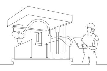 Poster - one continuous line.construction 3d printer. the press of ready houses. building houses with 3d prin