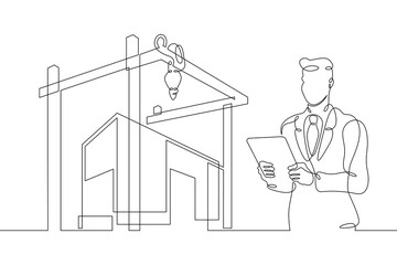 Poster - one continuous line.construction 3d printer. the press of ready houses. building houses with 3d prin