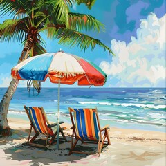 Poster - beach chairs and umbrella on beach