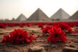 Closeup on red flowers on ground with pyramids blurred background, valentine, vacation, travel, love concept
