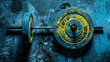 A pair of dumbbells with yellow and blue accents