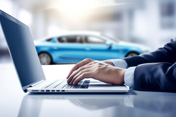 Man working on laptop in front of a blue car. Online buying and selling auto