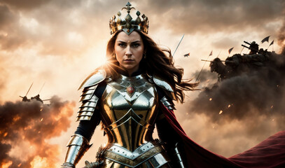 A woman in a golden armor standing in front of a cloudy sky.