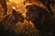 Two lions are standing next to each other in a forest. The sun is shining on them, creating a warm and peaceful atmosphere. Generative AI