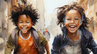 A heartwarming illustration of two children's gleeful expressions as they play in the city, perfect for themes of friendship, urban life, and joy.