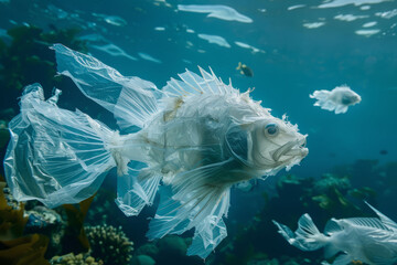 Fish made of discarded plastic waste floating on water