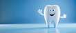 Friendly cartoon tooth character with big blue eyes and a wide smile, waving hands, promoting dental health and hygiene, on a gradient blue background.