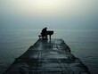 Surreal Misty Lake Scene - Lone Musician Playing Haunting Melody on Weathered Dock with Upright Piano Silhouette - Dreamlike Atmosphere