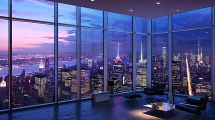 Wall Mural - night view of a cityscape through big glass wall panoramic with lights