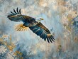 Soaring eagle, elegant paisley sky, dynamic blues and silvers, motion blur, panoramic view
