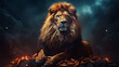 Lion surrounded by floating holographic fries, regal pose