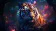 Tiger with holographic taco halo, dense jungle aura