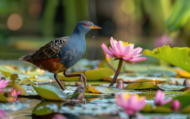 Wall Mural - A blue water bird with a green body, walking on the lily pad in shallow waters of an Indian lake