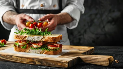 Wall Mural - A person in a chefs uniform holding a sandwich on a cutting board with copy space available