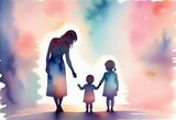 Fototapeta  - Mom and her kids, beautiful watercolor drawing, silhouette. Mother's Day concept, template, poster, greeting card.