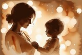 Fototapeta Koty - Mom and child, beautiful watercolor drawing, silhouette. Mother's Day concept, template, poster, greeting card.