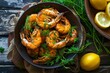 Delicious shrimp dish with lemon. Mediterranean diet concept
