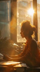 Fototapete - A woman is seated at a desk positioned in front of a window. She appears focused as she engages in work or study activities, illuminated by natural light filtering in through the window.
